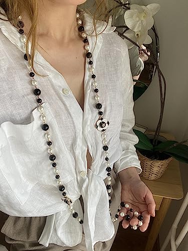Vintage Inspired Imitation Pearl Long Strand Black and White Camellia Flower Costume Layered Necklace, Statement Multiple Strands Pendant for Women, Jewelry Gift 6