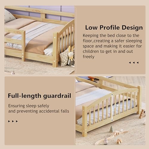 Image of Bellemave Twin Size Kids Montessori Floor Bed,Twin Size Floor Bed Frame with Slats and Safety Guardrail,Solid Wood Montessori Bed for Girls Boys,Natural