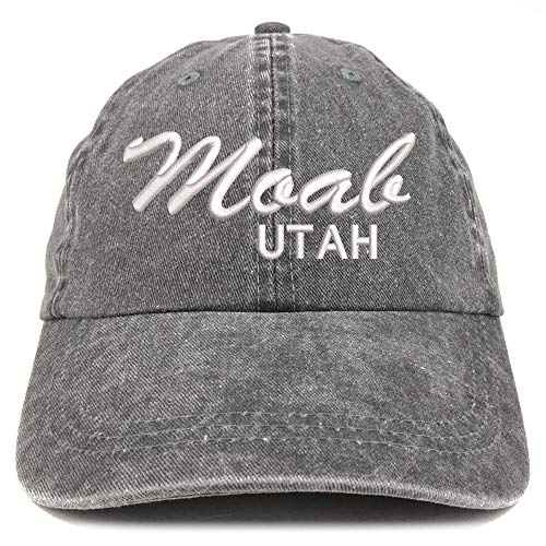 TOP LEVEL APPAREL Moab Utah Script Embroidered Low Profile Unstructured Pigment Dyed Unisex Baseball Dad Hat Black