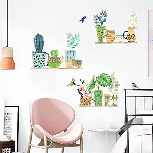 Maydahui Cactus Green Pot Plants Wall Stickers (19.7X33.5 In) Palm Leaf Hummingbird Flowers Pastoral Style Wall Decals Peel And Stick Removable Watercolor Hanging Shelf Murals Decor For Kitchen Kids Room Living Room Classroom #TOP2