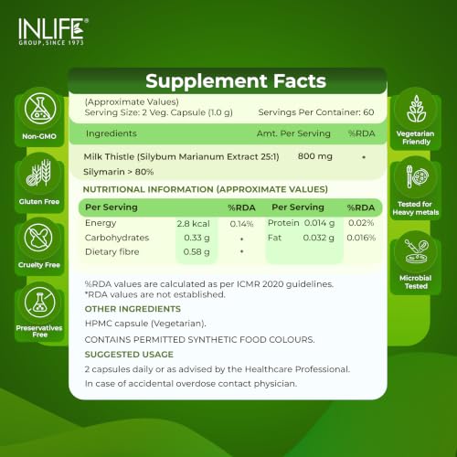 Image of INLIFE Milk Thistle 800mg per Serving, 80% Silymarin 25:1 120 Veg Capsules