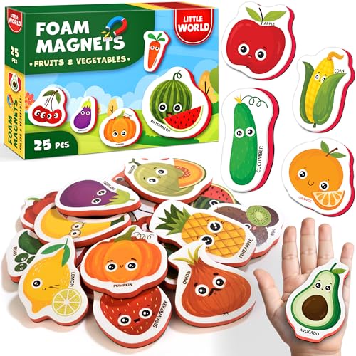 Little World 25 Fridge Magnets for Kids 1-3 years – Safe, Durable, Waterproof, Foam Toddler Fridge Magnets with Colorful Gift Box, Non-Toxic Fruits and Vegetables Magnets for Children and Babies