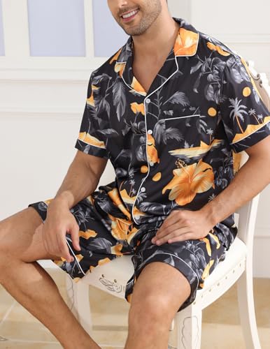 Image of Veseacky Mens Silk Satin Pajamas Set Short Sleeve Sleepwear Button-Down Pjs Sets Two-Pieces Loungewear with Pockets S-XXL