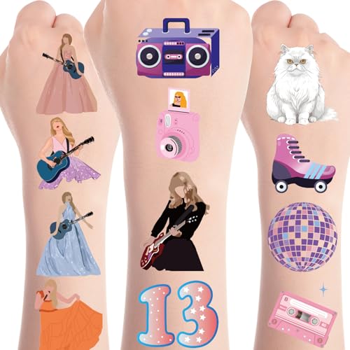 Papiailove Singer Music Glitter Temporary Tattoos for Women Girls Fans Birthday Party Favors Goodie Bag Fillers Supplies Number 13 Hand Face Body Arm Tattoo Stickers Decorations Gifts (6 Sheets)