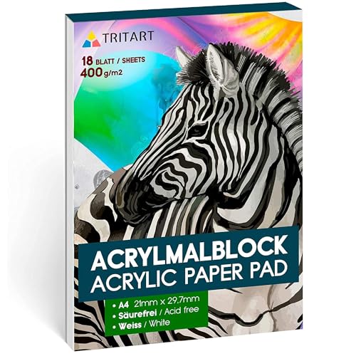 Tritart Acryl-Papier A3 400g/m2 | Malblock für Acrylfarben 20 Blatt weiß | hochwertiges Acryl Zeichenpapier säurefrei | schweres Malpapier für Acrylmalerei und Ölmalerei | kopfseitig geleimt