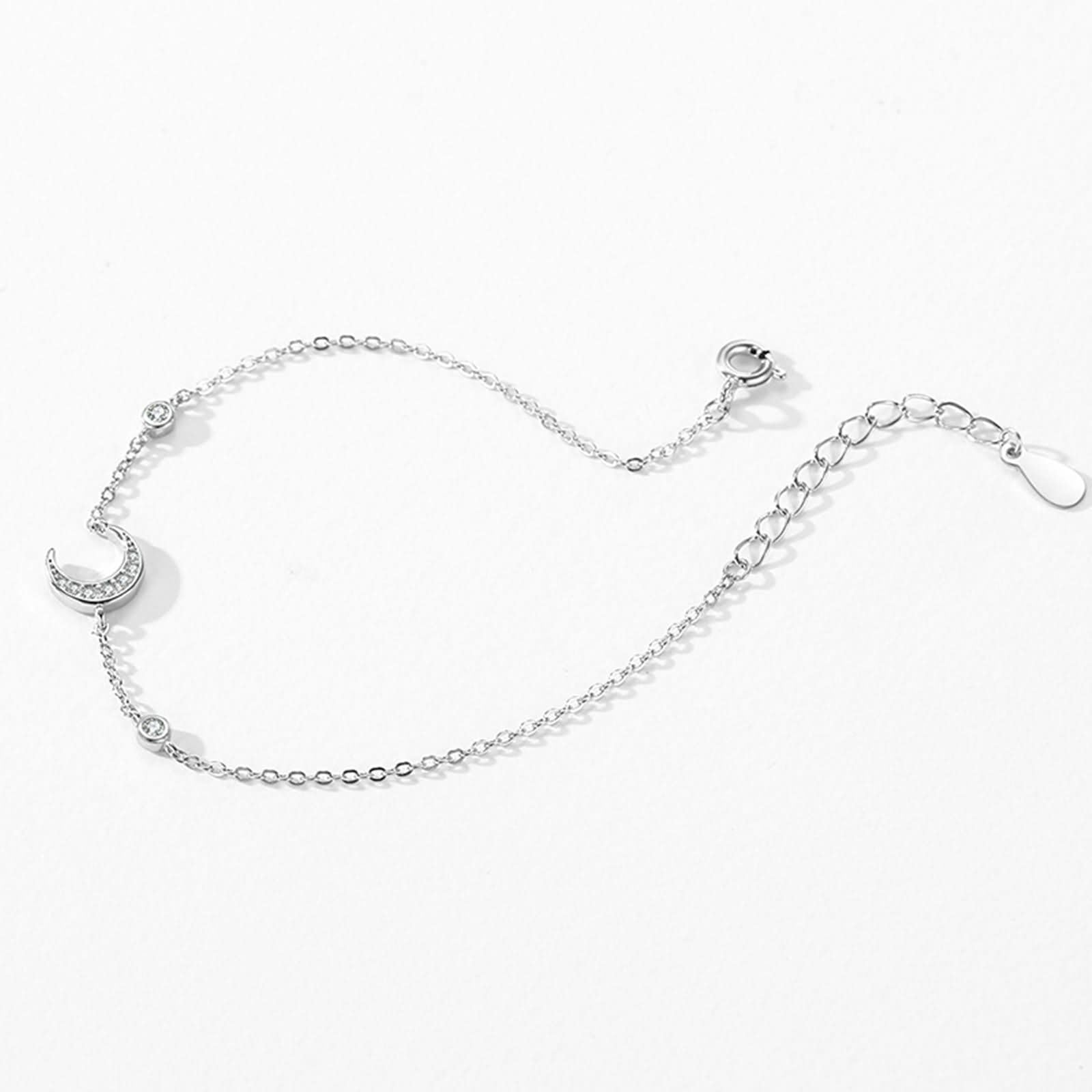 Braccialetto Donna Oro Bianco 9K / 14K / 18K 750, Luna con Diamante, Regolabile 16 CM + 5 CM, Braccialetti Donna Argento