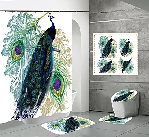 WSND 4 Stück Schöner Pfau Duschvorhang-Sets für Badezimmer mit Rutschfestem Teppich, Toilettendeckel-Abdeckung…