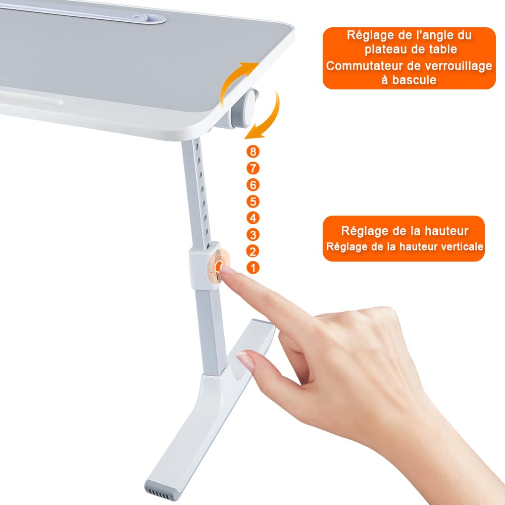 Regulowany stolik do łóżka, 26–39 cm, składany, na sofę, do nauki, czytania i pisania, stojak na laptopa, kanapę, taca na łóżko, 60 x 40 x 27 – 40 cm, szary
