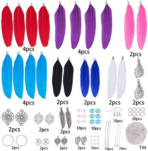 SUNNYCLUE 1 Box DIY Make 8 Pairs Bohemian Real Feather Earring Making Starter Kit with Alloy Pendant Connector and Glass Beads Supplies Women Girls Beginners