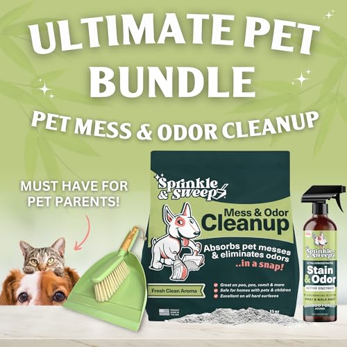 Image of Sprinkle & Sweep: Pet Mess & Odor Cleanup Bundle - 15oz Bag, Dustpan Broom, 24oz Enzyme Stain Spray - Dog Accident Clumping Powder & Spot Treatment