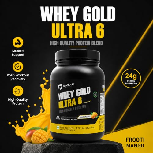 Image of DENZOUR NUTRITION Whey Gold Ultra 6 Protein Powder With 24g Protein | Support Muscle Growth - Frooti Mango Flavour, 1.05 Kg /2.3 lbs (29 Servings)