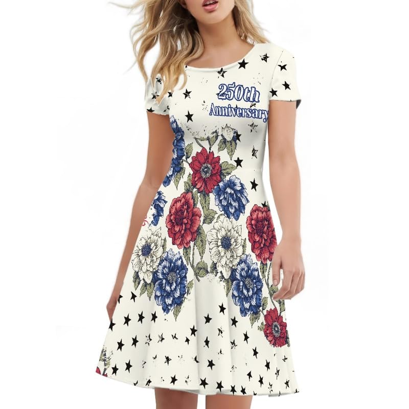 Image of Irisjudy T Shirt Dress for Women Short Sleeve Girls Short Sleeve Dress Plus Size, O Neck Knee Length Midi Dress for Ladies