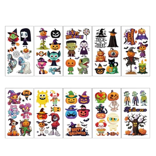 OIXYEY 10 tatuajes adhesivos para niños, aptos para la piel, pegatinas de tatuajes de Halloween, set de tatuajes de Halloween para niños, tatuajes infantiles unisex,elementos de Halloween