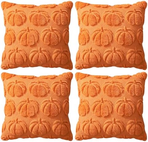 4 Pcs Fall Throw Pillow Covers 18x18, Autumn Decorations Soft Faux Fur Pillow Covers, Fluffy Plush Accent Pillow Cases for Harvest Thanksgiving Cushion Covers Sofa Home Decor(Pumpkin Orange A)