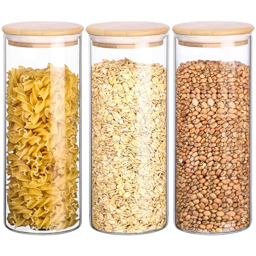 BELLE VOUS Pack de 3 Tarros de Cristal con Tapa de Bambú - 950 ml - Herméticos Frascos de Vidrio para Alimentos - Organizar Cocina y Alacena - Pasta, Harina, Cereal, Azúcar, Té, Granos de Café y Más
