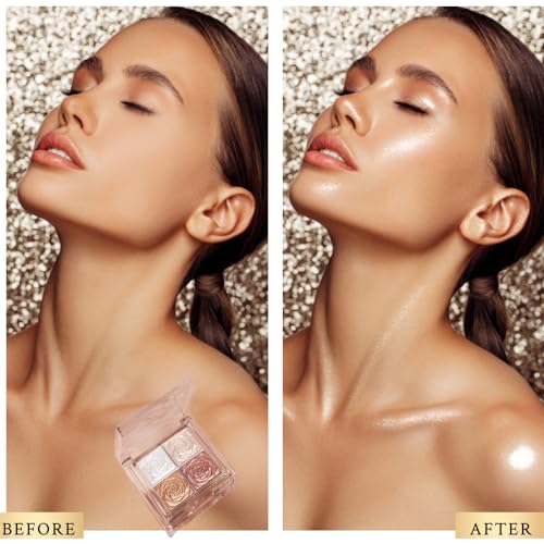Highlighter Blusher Bronzer Contour 3-In-1 Makeup Palette, 4 Shades Shimmer Silver Gold Pink Face Highlighter Highly Pigmented Blendable Eyeshadow Eye Glitter Face Make-Up Palette for All Skin Tones - Image 5