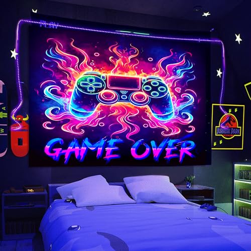 Manicer LK37M Blacklight Gaming Tapestry, Cool Neon Game Controller Wall Hanging For Boys Teens, Uv Reactive Game Over Abstract Art 3D Gaming Poster Tapestries cover