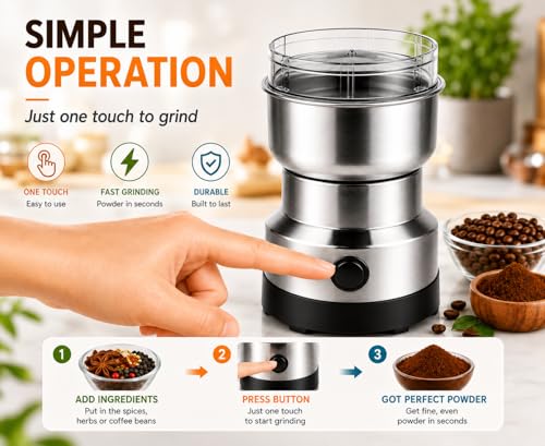 Image of Electric Coffee Grinder & Spice Grinder, 300W Fast Grinding with Stainless Steel Blades | for Coffee Beans, Spices, Seeds, Herbs | Dry Food Mill | Mini Kitchen Grinder