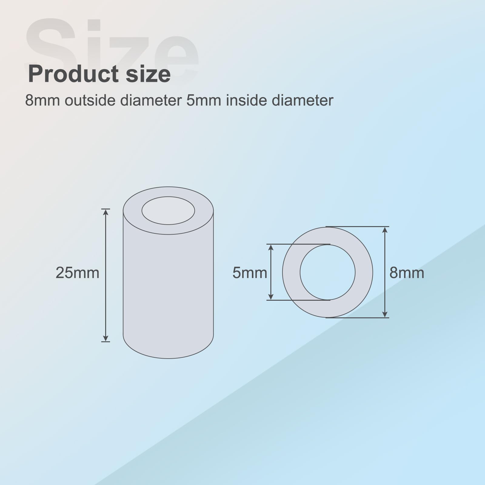 HiPicco Aluminum Spacers 5mm Bore x 8mm OD x 25mm Length Unthreaded Standoff Bushing Plain Finish Round Metal Spacer - Image 2
