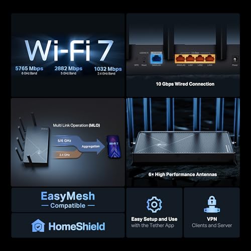 Image of TP-Link Tri-Band BE9700 WiFi 7 Router (Archer BE600) - 10G Port, 2.5G Port, 3x 2.5G LAN, 320MHz Channel, Covers up to 2,600 sq. ft., 120 Devices, VPN, HomeShield Security