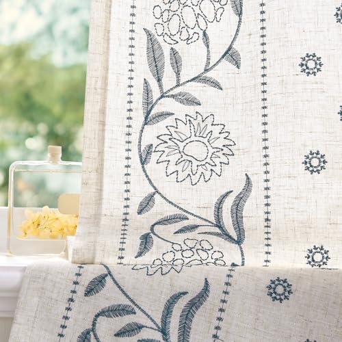 Image of jinchan Blue Floral Linen Kitchen Tier Curtains 45 Inches Back Tab 2 Panels