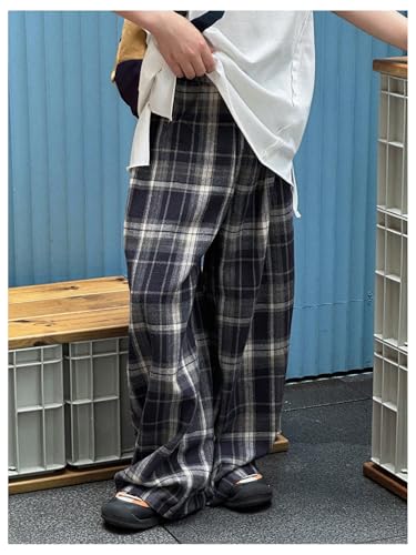 OYOANGLE Boy's Elastic Waist Plaid Pants Elastic Waist Casual Straight Leg Trousers2