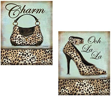 wallsthatspeakSet Of 2 Leopard Animal Print Shoe Heel Pump And Purse Set Art Posters 11X14 Inches