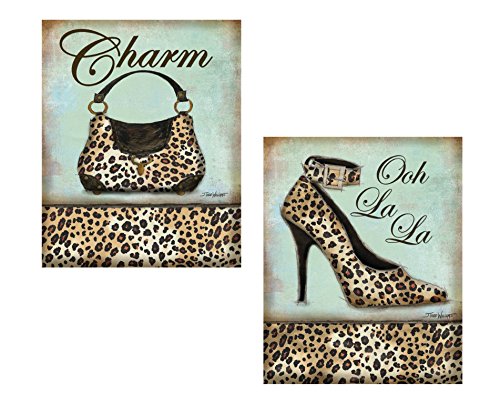 wallsthatspeakSet Of 2 Leopard Animal Print Shoe Heel Pump And Purse Set Art Posters 11X14 Inches