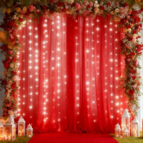 10x10ft Red Tulle Backdrop Curtain with Lights String for Parties, Sheer Photo Backdrop Curtains for Valentines Wedding Baby Shower Birthday Party Photo Shoot Decorations by PARTISKY - Image 8