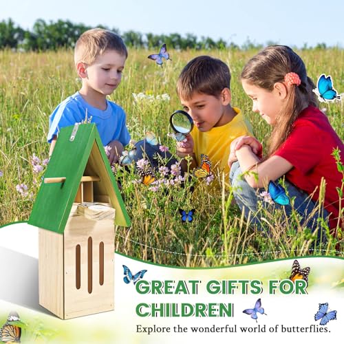 Butterfly House, Natural Butterfly Feeder, Butterfly Feeders for Outdoors, Wooden Butterfly Habitat, Butterfly Garden Kit on The Floor or Hanging on Tree Wall (Green)