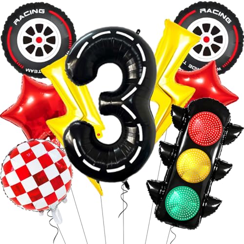 Race Car Balloons Set - Lightning Bolt Balloon Tire Red and White Checkered Traffic Light Foil Balloon 40Inch Racetrack Number 3 Balloons for Boys 3rd Cars Themed Birthday Party Decorations