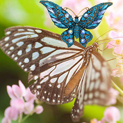 Image of FEELMEM Crystal Rhinestone Butterfly Brooch Pin Blue Color Butterfly Brooches for For Women Wedding /Banquet /Birthday Party