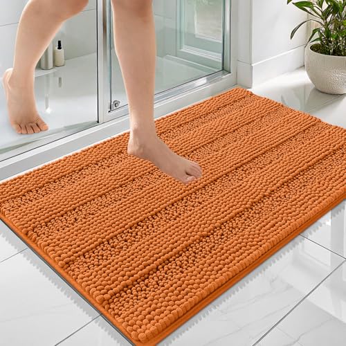 Image of OLANLY Thick Bathroom Rugs 36x24, Extra Soft Absorbent Chenille Striped Bath Rugs, Rubber Backing, Machine Wash Dry, Bath Mats for Bathroom Floor, Tub and Shower, Home Decor Accessories, Clay
