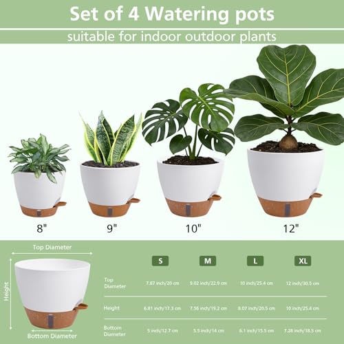 ZDZDFF Self Watering Pots with Water Level Indicator, 12" 10" 9" 8" Large Plastic Flower Pots with Mesh Drainage Hole and Removable Saucer Reservoir for Indoor Outdoor Plants (White) — view 5