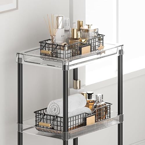 Metal Wire Basket Storage, Bathroom Basket for Organizing, Bathroom Counter Organizer with Wooden Handles, Farmhouse Bathroom Decor Tray, Toilet Paper Basket Storage (Set of 2, Black)