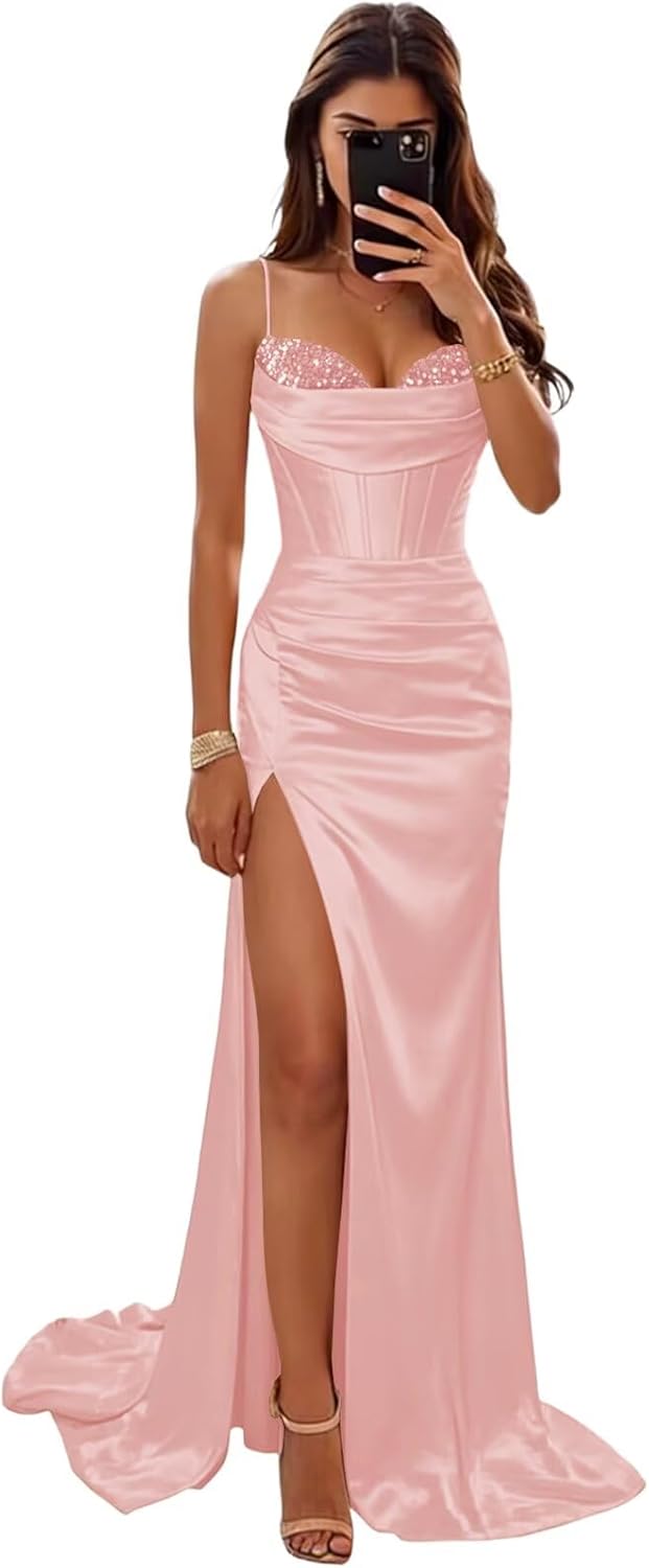 Satin Corset Prom Dresses Long 2026 Spaghetti Straps Mermaid Bridesmaid Dress Cowl Neck Ruched Slit Formal Gown