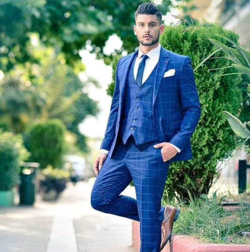 Wangyue Plaid Suit for Men Slim Fit 3 Piece Checked Suits Formal Two Buttons Wedding Business Suits Blazer Vest Pants Set4