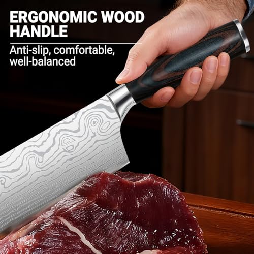 Nanbone Nakiri Knife 7 Inch Sharp Meat Cleaver and Vegetable Kitchen Knife Damascus Asian Chef Knife for Home and Kitchen with Ergonomic Handle High Carbon Stainless Steel knife Chef Cooking Gift — view 6