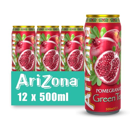 Arizona Pomegranate Green Tea, Delicious Fruit Iced Tea Drink, No Artificial Colours or Preservatives, Pack of 12 Cans x 500 ml