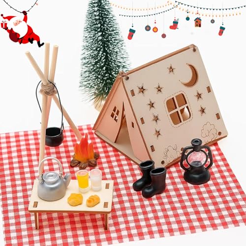 Acessórios de tenda de campanha de gnomo natalício em miniatura conjunto de 14 peças para decoração de portas de gnomo e design de casas de bonecas fácil de montar não requer ferramentas