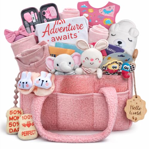30 Pcs Premium Baby Girl Gift Basket Pink Newborn Essentials Set & Baby Registry Search Idea Gender Reveal Baby Shower & Hospital Welcome Care Package for New Mom Includes Blanket Clothes & More
