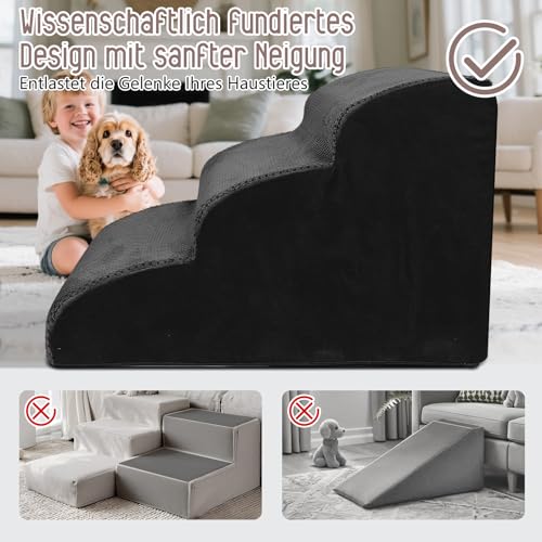 Thihome Hundetreppe für Kleine Hunde, Haustiertreppe 3 Stufen, Hochdichtem Schwamm Hundetreppen 40cm Hoch, Hunde Treppe mit Waschbarem Bezug, Rutschfestem Hunderampe für Bett & Sofa, Schwarz