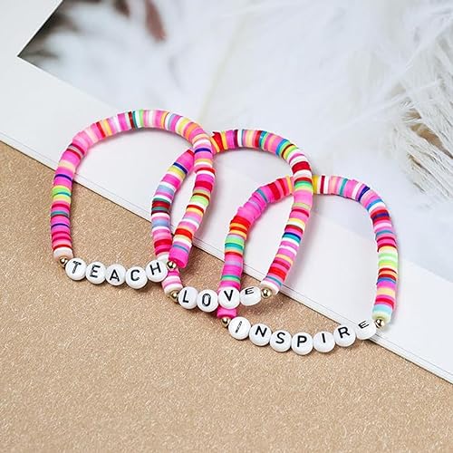 Handmade Teacher Appreciation Stackable Bracelets Colorful Solf Clay Love Teach Inspire Letter Beaded Adjustable Bracelets Sweet Teacher Gifts for Women - Image 3