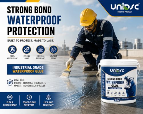 Image of UNIDSC Strong Bond Transparent Waterproof Glue with Brush | Self-Leveling Formula | Dries Crystal Clear with Brush-Mark-Free Glossy Finish | Sealant for Roof, Wall Cracks, Bathroom & Tiles | 5 KG