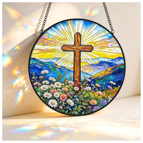 Hokafenle Stained Glass Window Hanging,Suncatcher 3D Pattern Cross