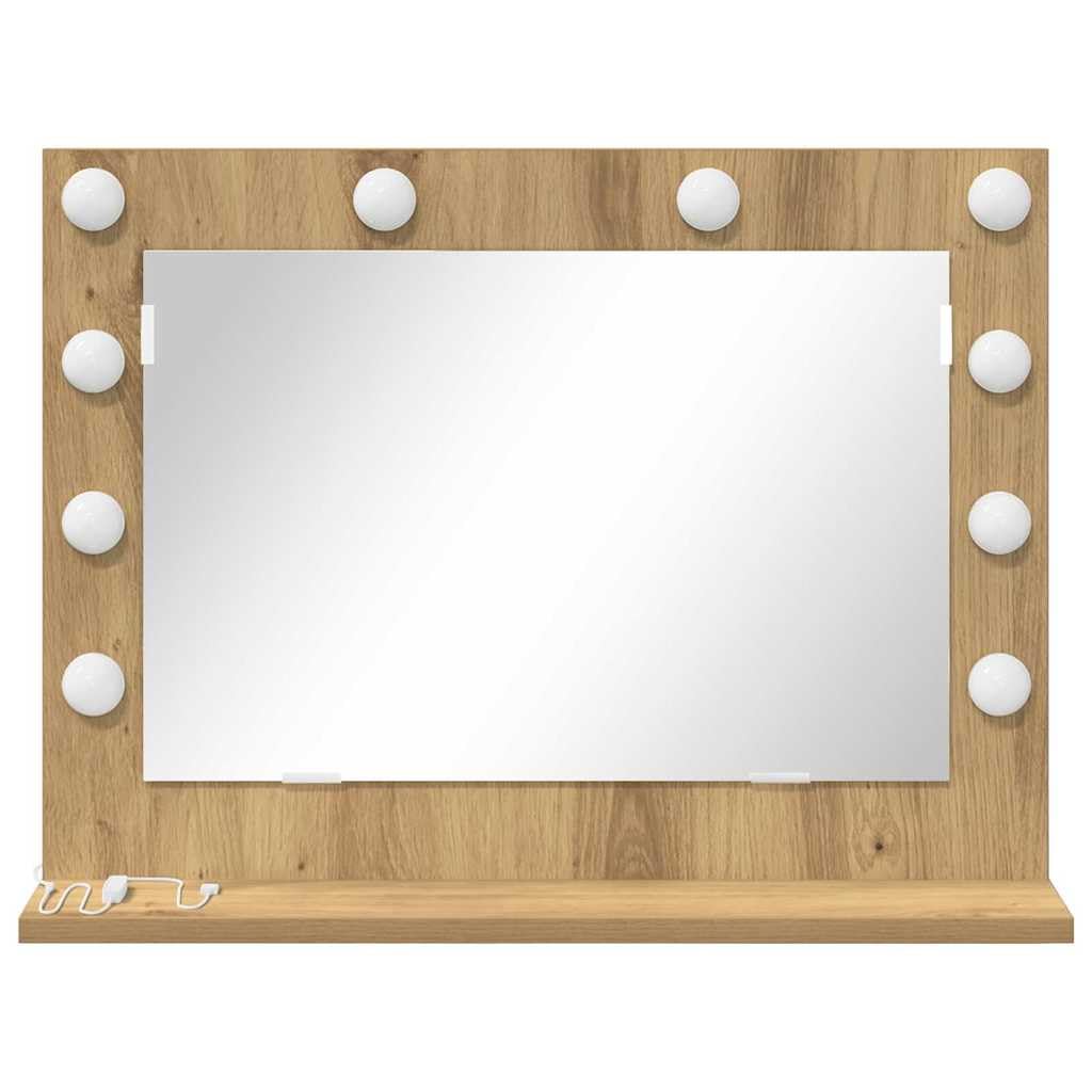 Espejo de tocador de roble Artisan, 60 x 45 x 18 cm, ángulo recto con tira LED alimentado por USB, espejo de maquillaje para dormitorio, baño, pasillo y armario