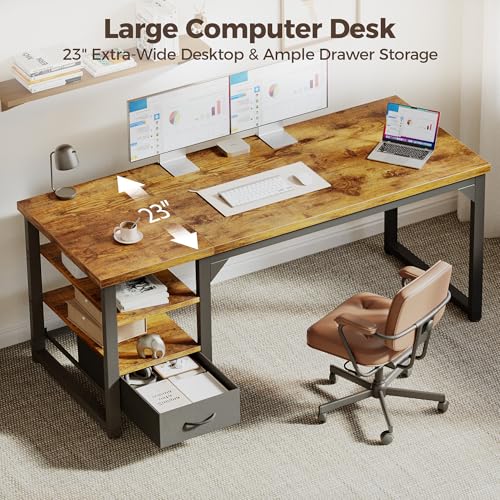 Image of Mericonia 54 in Computer Desk with Drawer, 1 inch Thick Reversible Office Desk | Large Modern Writing Table with Storage Shelves, Heavy Duty Industrial Executive Desk for Home Bedroom Study Work