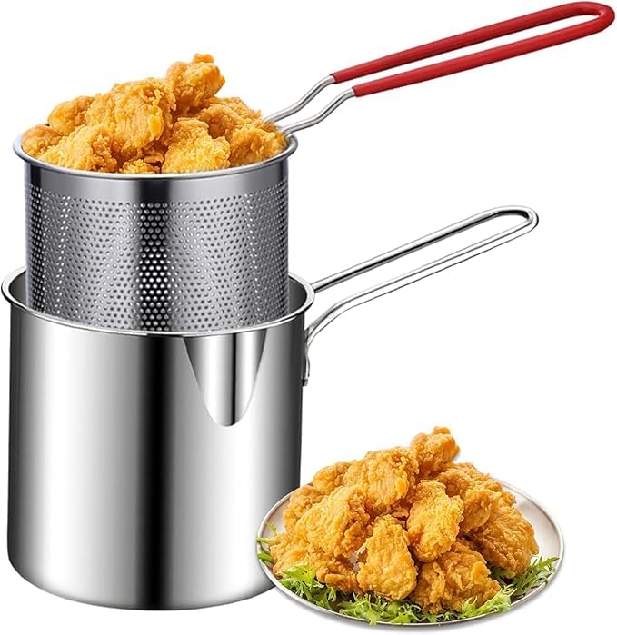Image of Small Deep Frying Pot with Strainer Basket - 1200ml Stainless Steel Pan with Handle