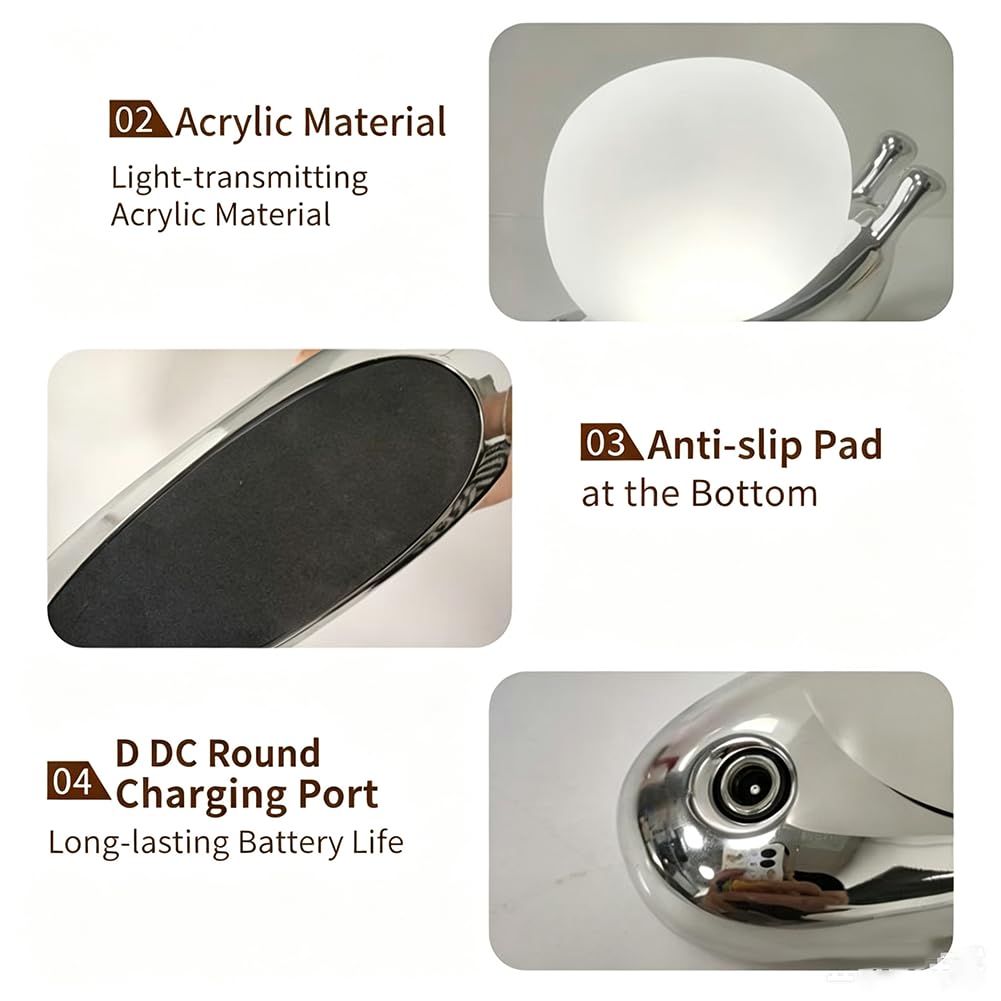 Lámpara de Mesa LED con Diseño de Animales (Caracol), Recargable, Regulable, Inalámbrica, Funciona con Batería, Luz de Noche, Carga USB, Interruptor Táctil, Lámpara de Mesita de Noche,Plata