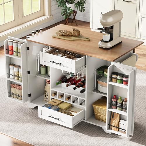 Oslghy Isla De Cocina Móvil con Ruedas, Carro de Cocina con Mesa de Comedor Extensible, Mueble Auxiliar Cocina con Botellero, Soporte para Vasos, Estante para Especias y Toallero, 120x45x92cm (Blanco)